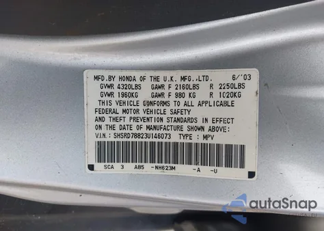 2003 Honda Cr-V Ex z USA, uszkodzony, nr VIN SHSRD78823U146073